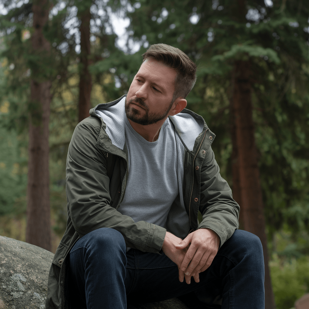 photo of a man in his 40s who looks lonely in nature