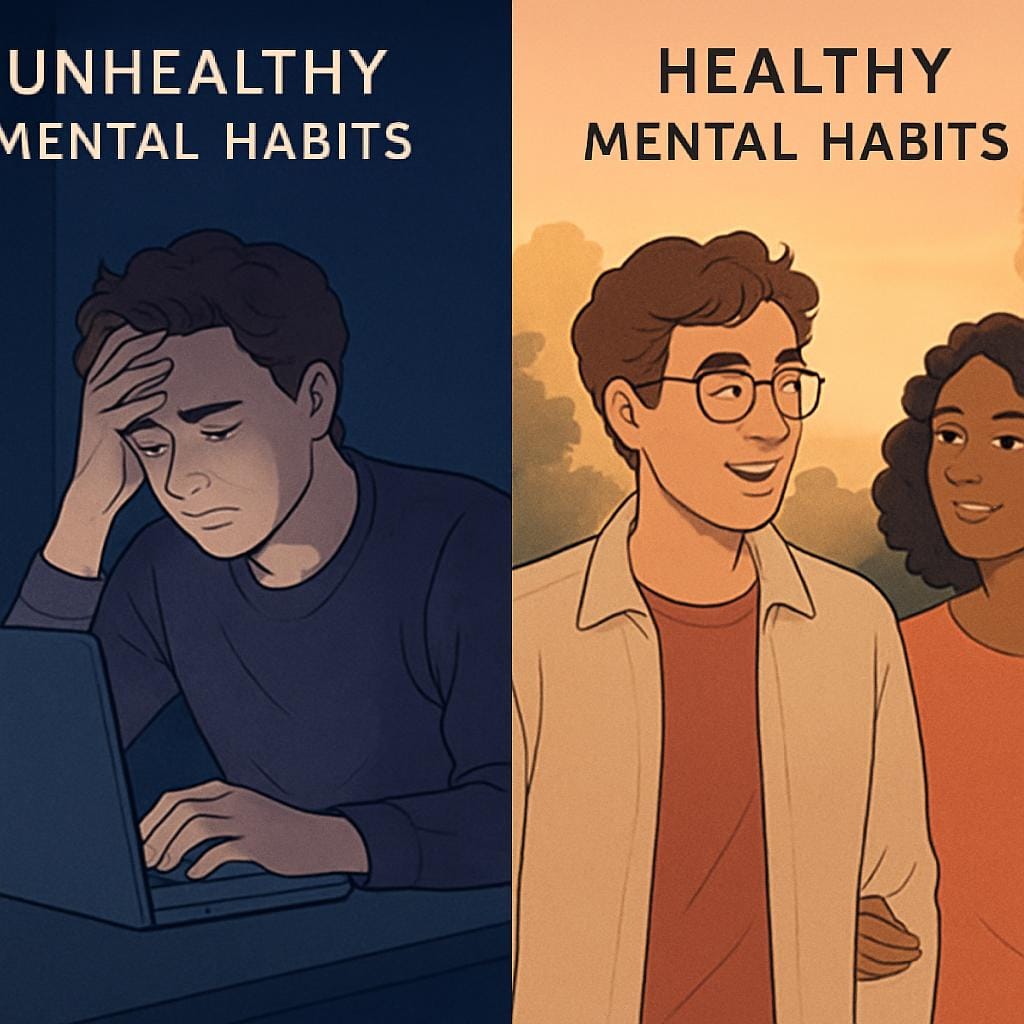 health vs unhealthy mental habits illustration