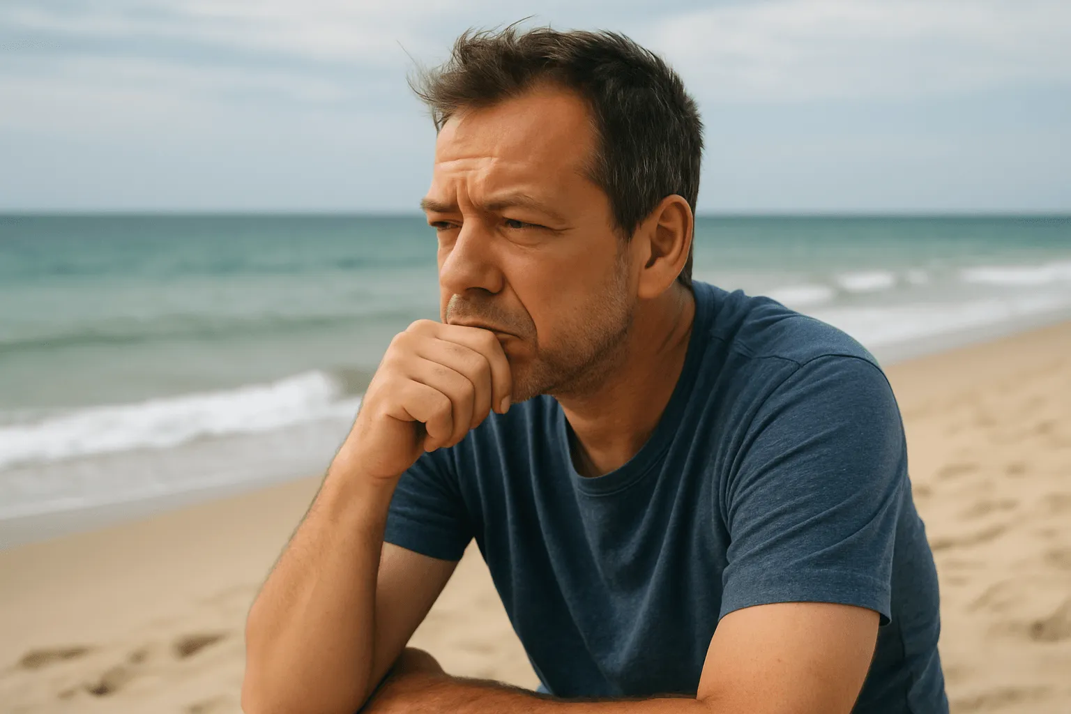 photo of a guy at the beach considering his life