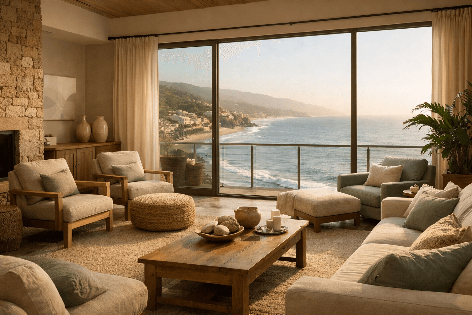Serene interior of a Malibu recovery center with coastal view and calming decor.