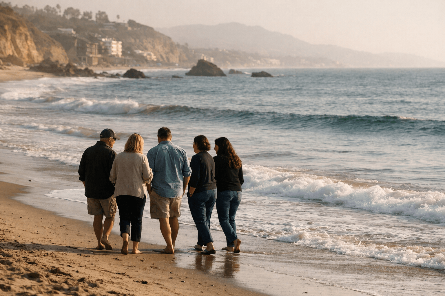 Group of adults walking along a Malibu beach, engaged in conversation.