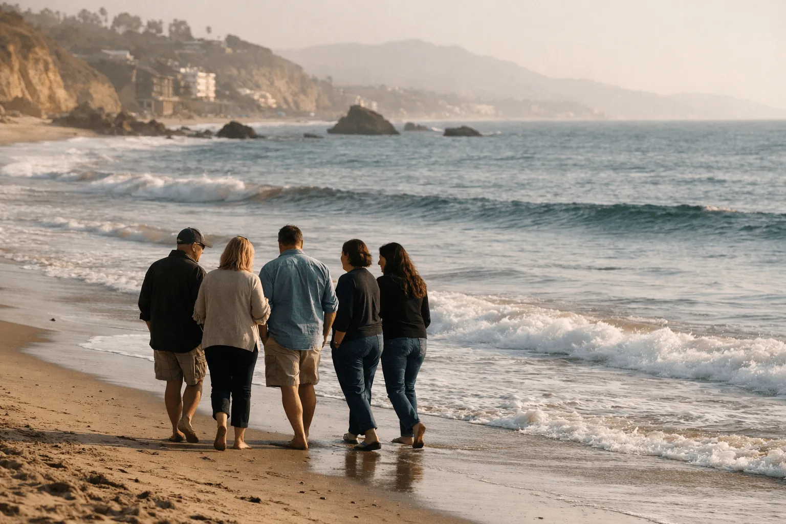 Group of adults walking along a Malibu beach, engaged in conversation.