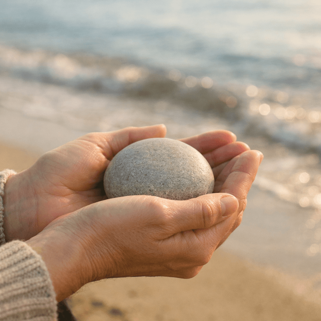 Hands holding a smooth stone with a blurred seaside in background.