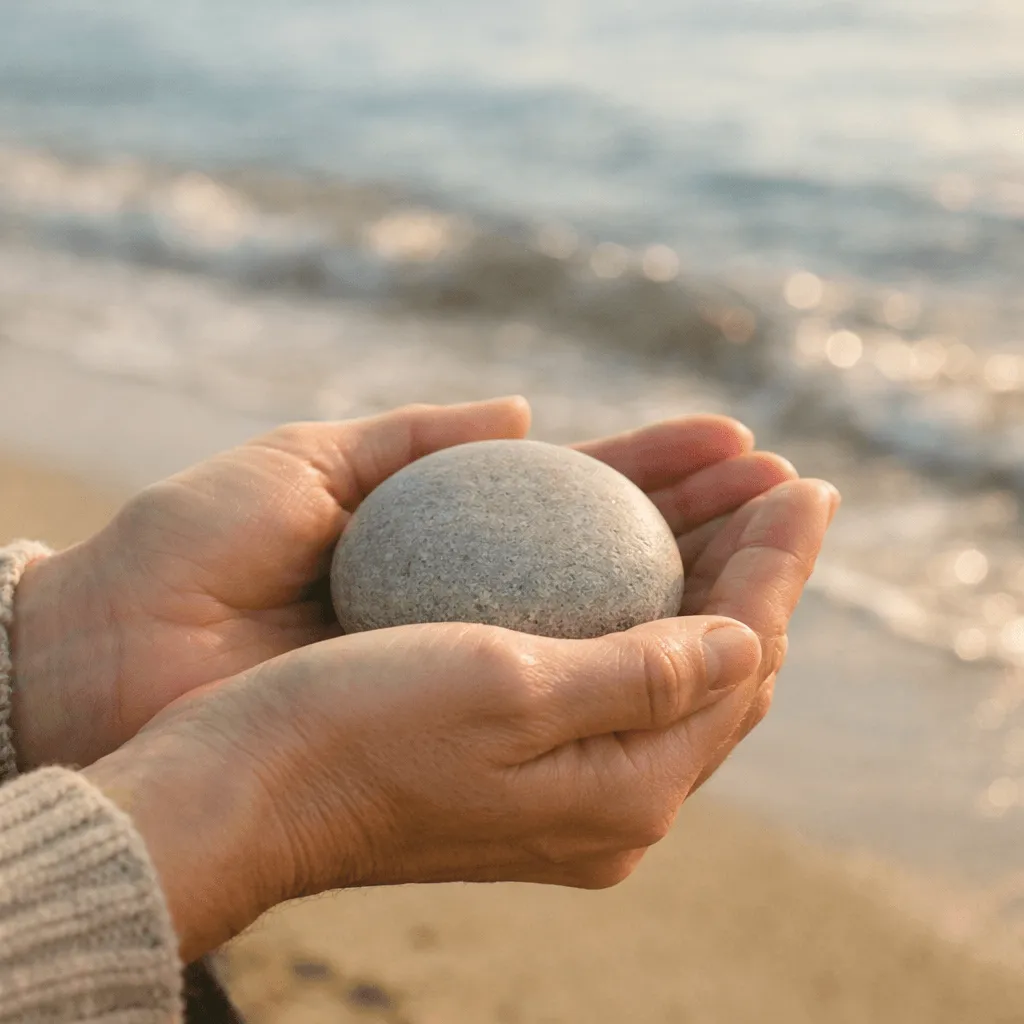 Hands holding a smooth stone with a blurred seaside in background.