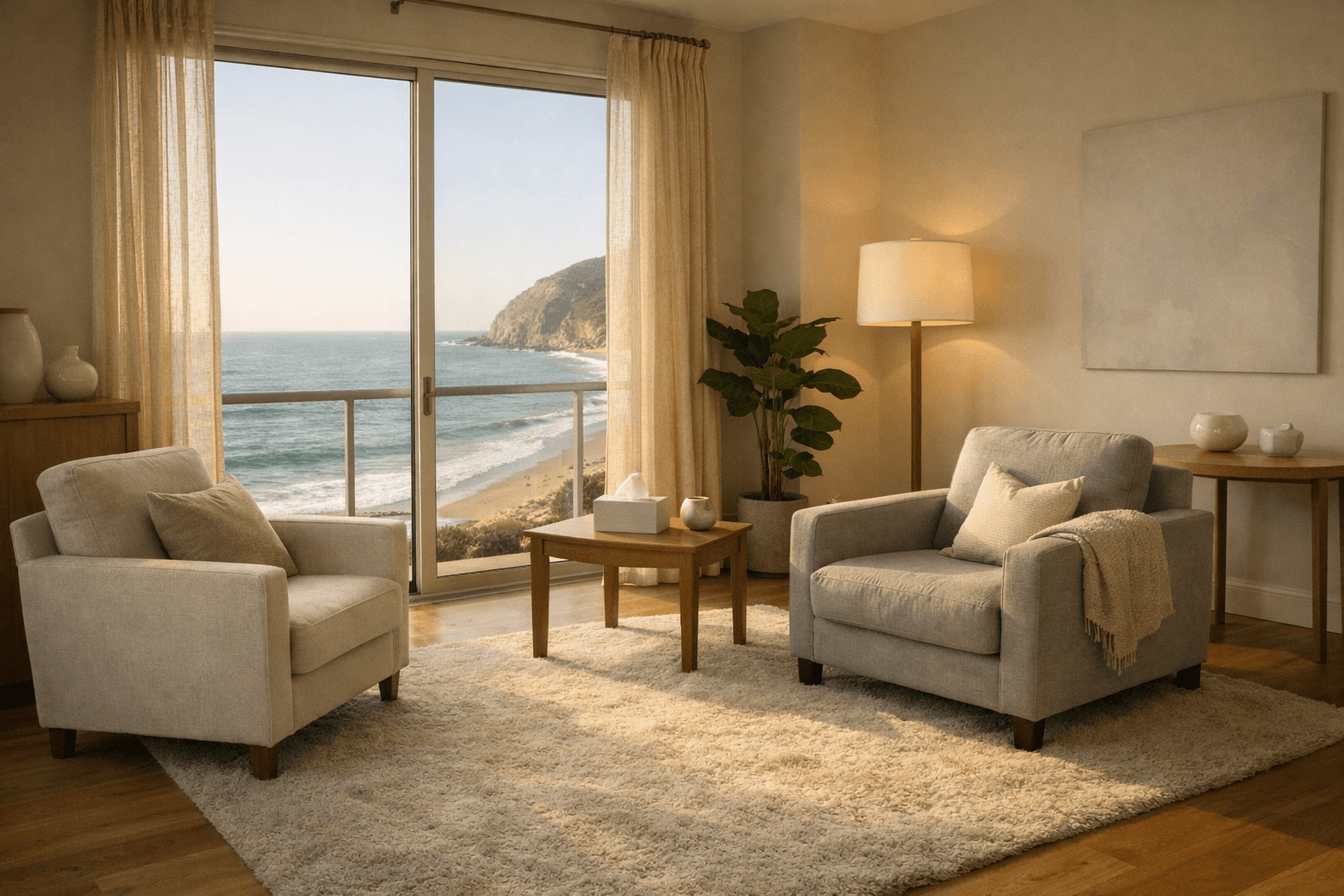 Empty therapy room with large windows showing beach views.