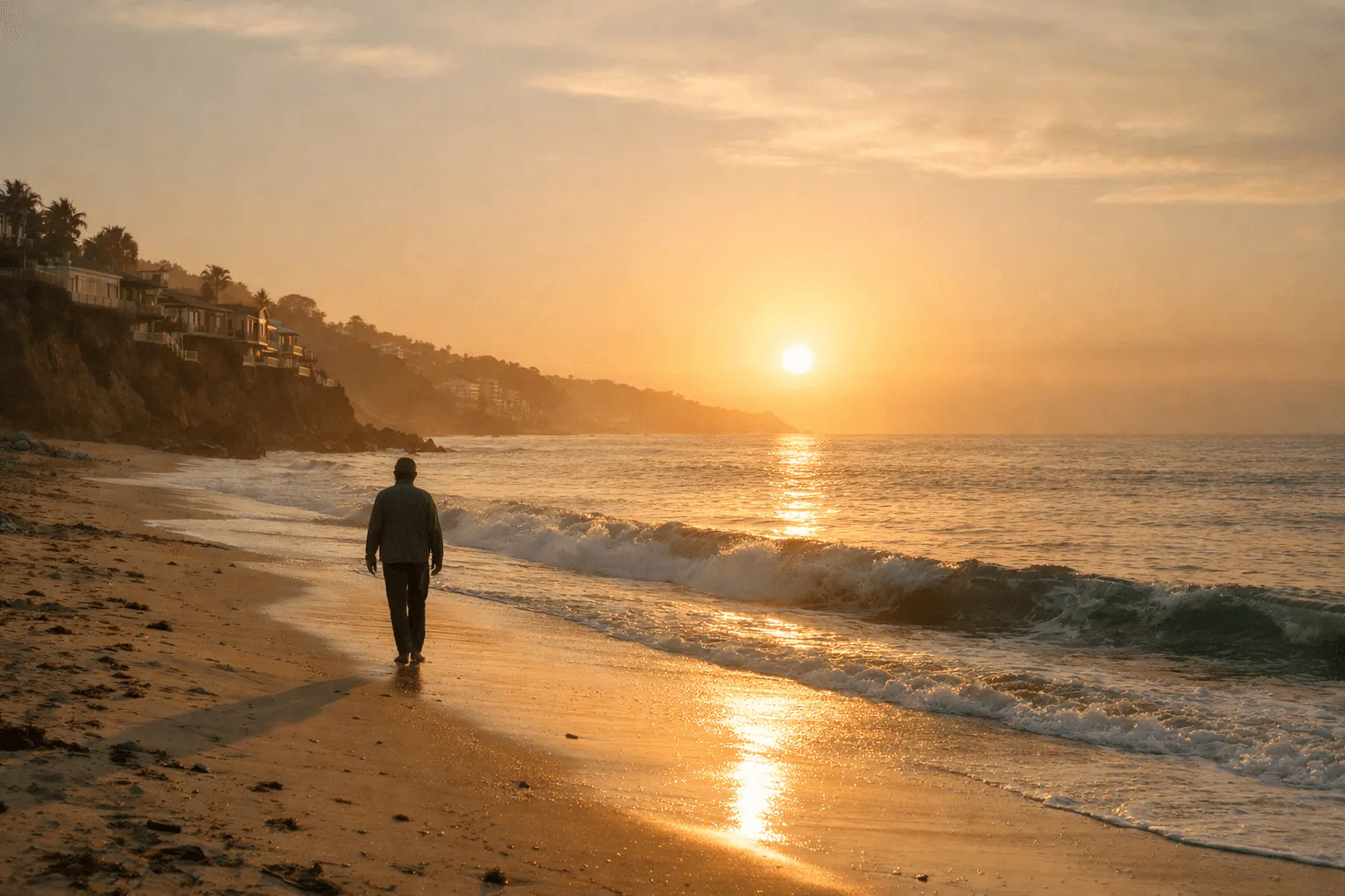 Silhouette of a person walking on the beach at sunset.