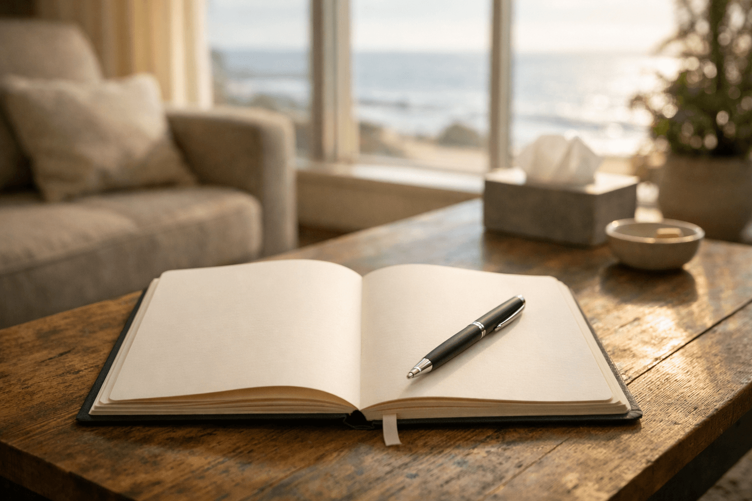 Open journal and pen on a table in a serene therapy room.