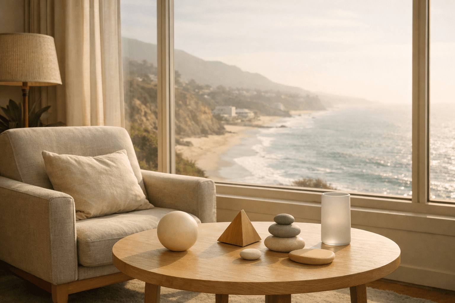 A therapy room by the coast with abstract shapes on a table.