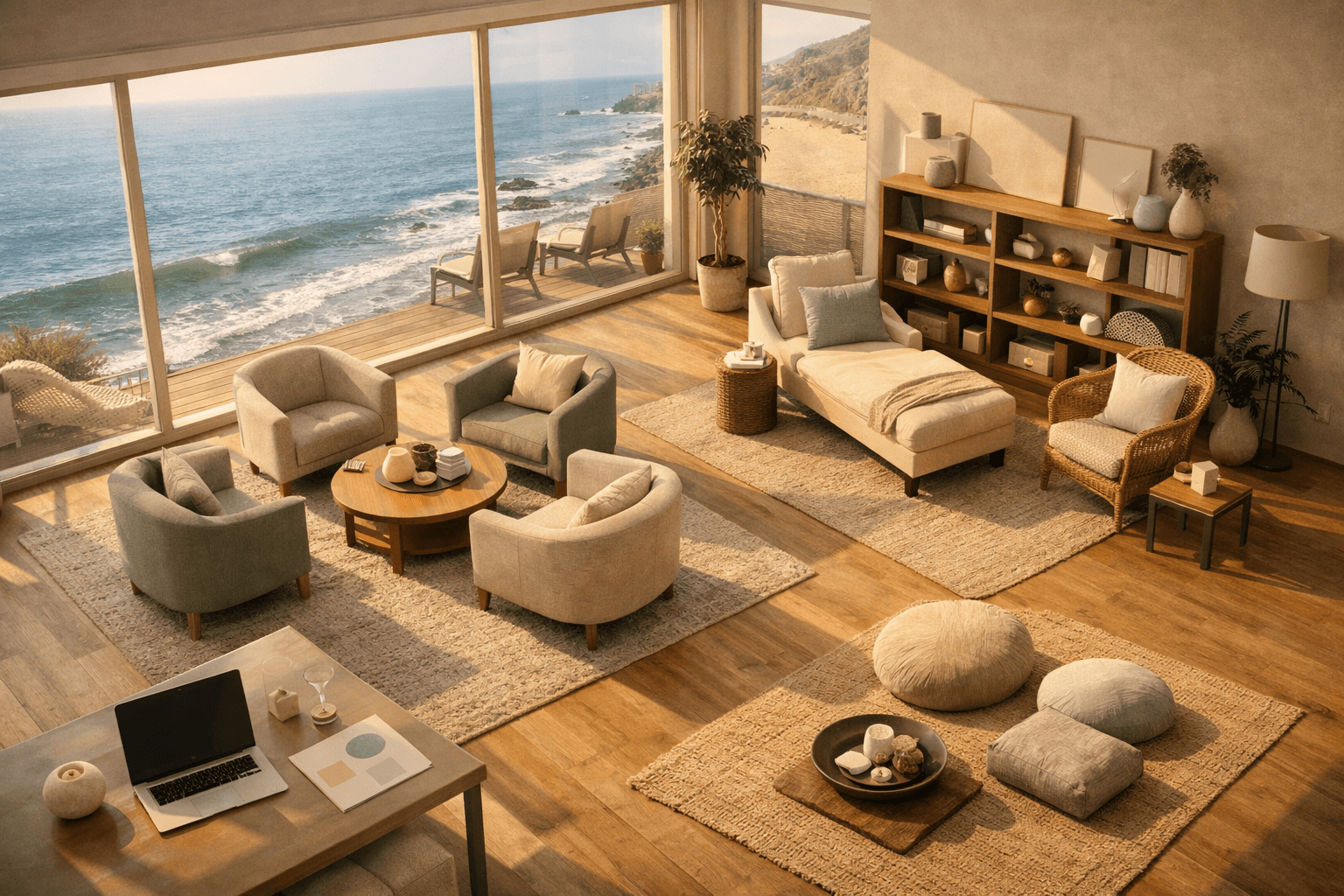 Bird's-eye view of a luxury treatment setting by the ocean.