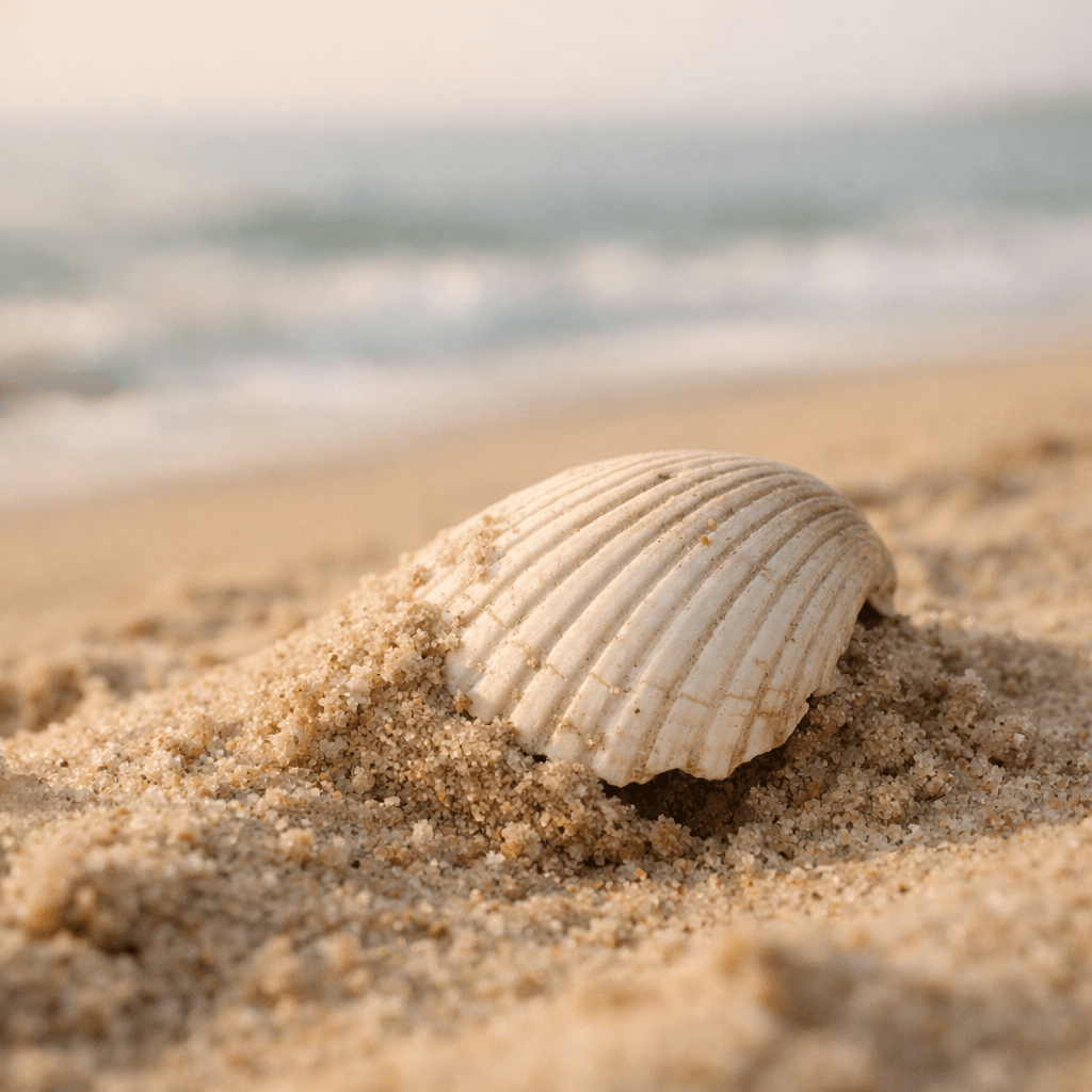 Close-up of a seashell partly buried in the sand on a beach.