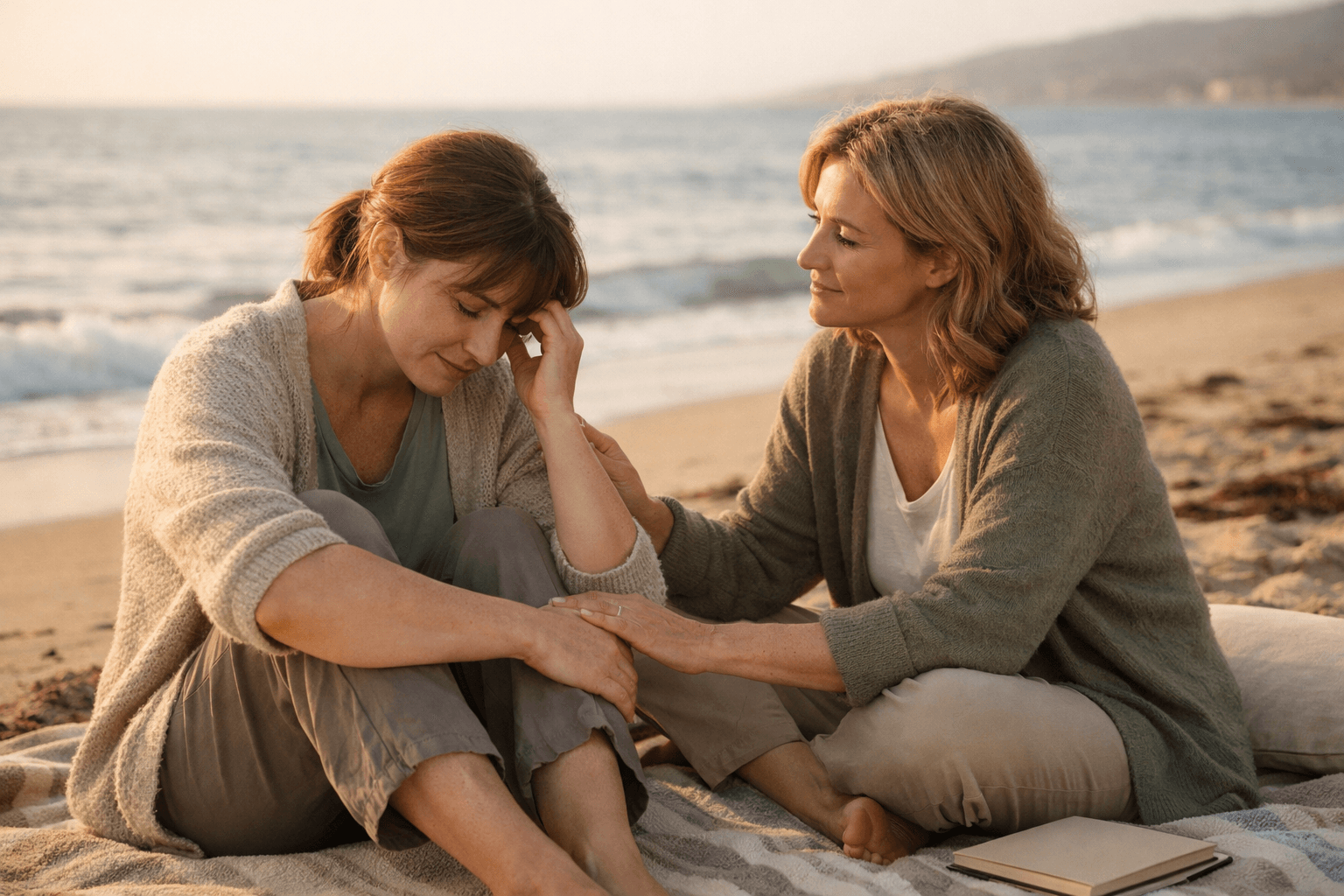 Two people having a supportive conversation on a beach blanket.