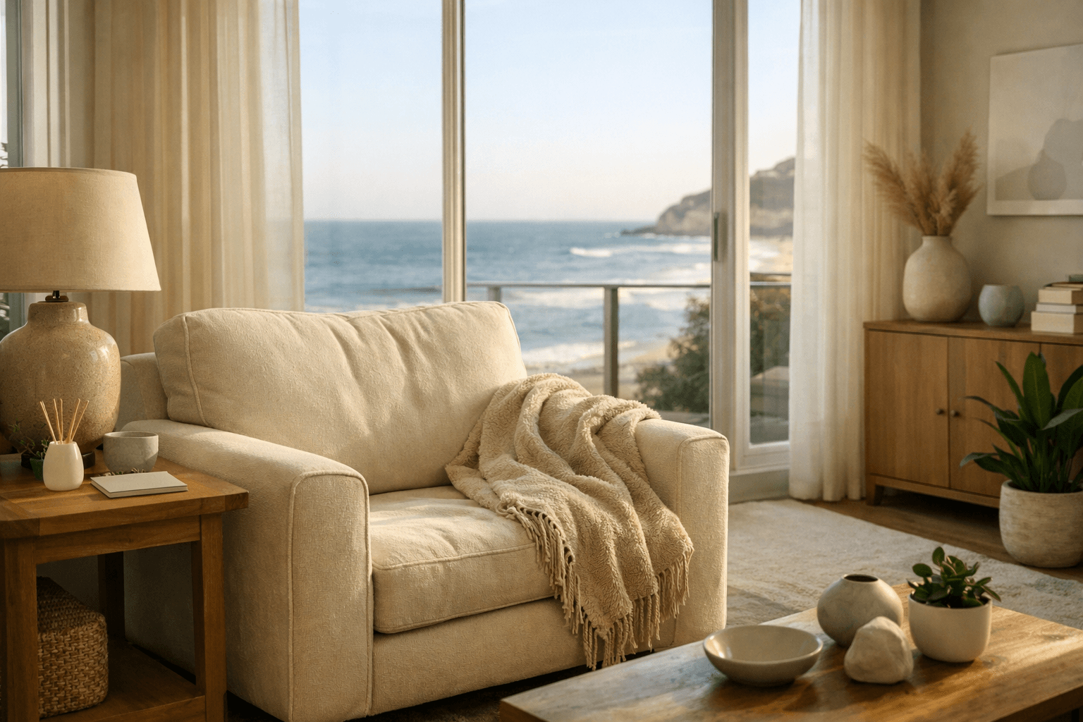 Upscale therapy room with ocean view and plush armchair.