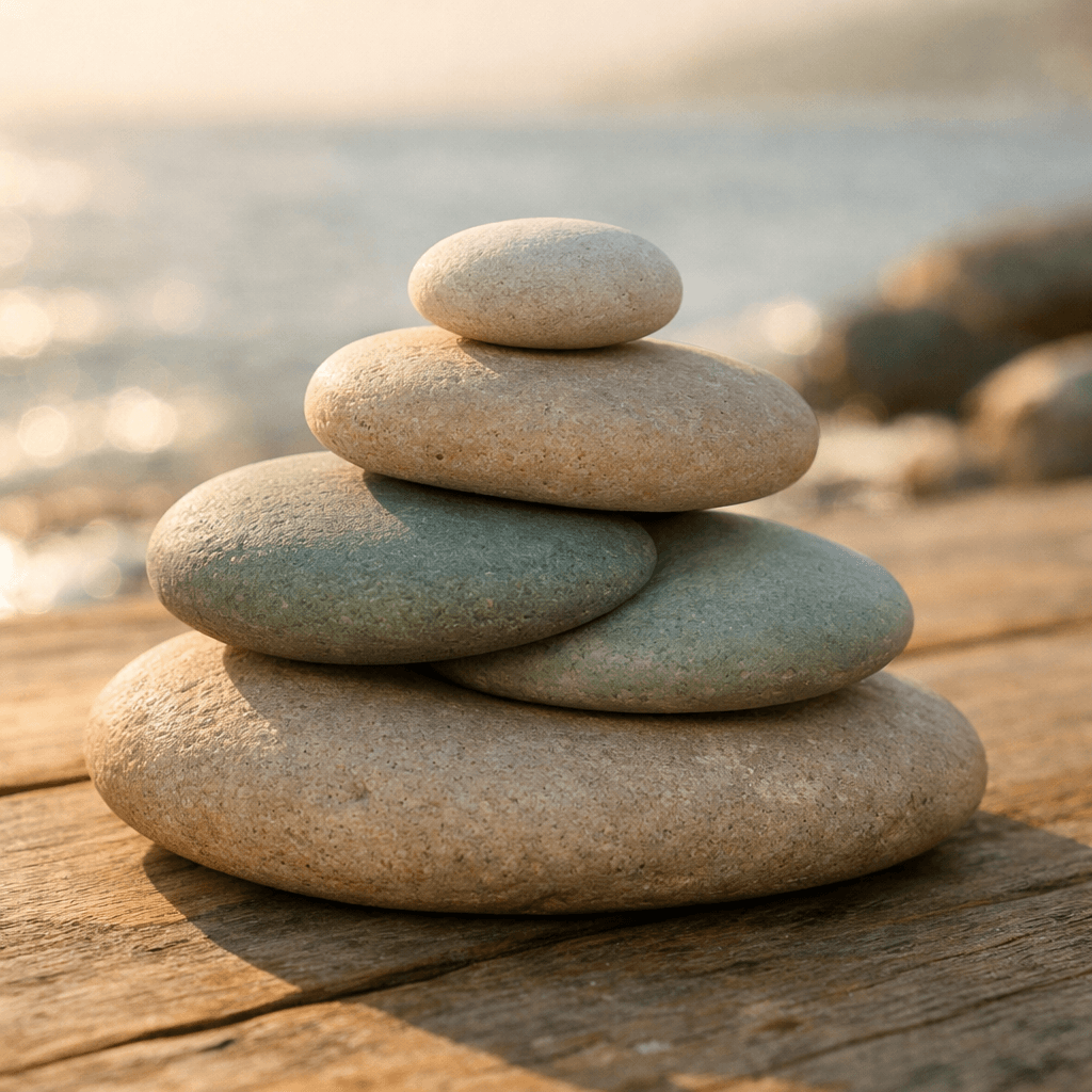 Smooth overlapping stones on wooden surface representing integration.