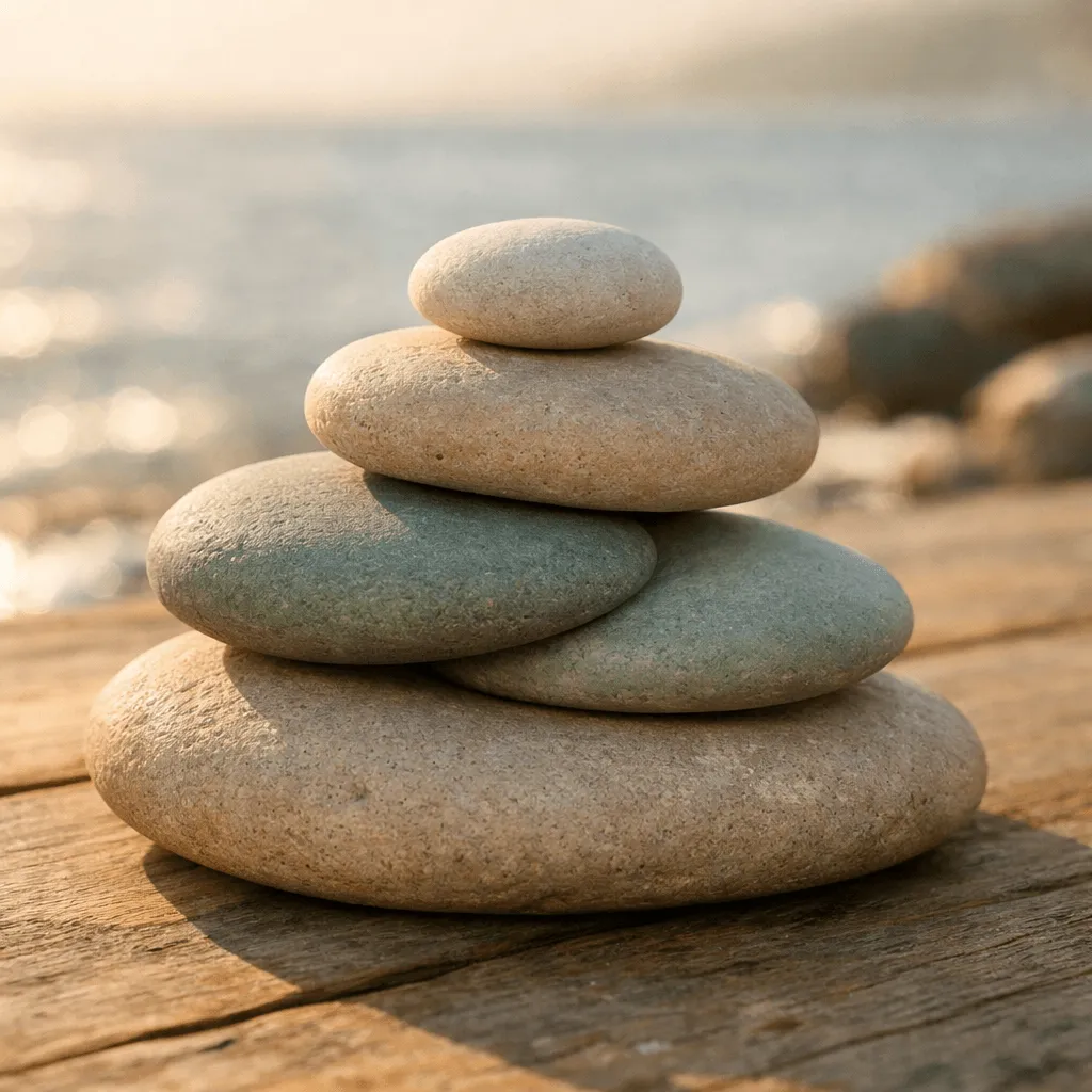 Smooth overlapping stones on wooden surface representing integration.