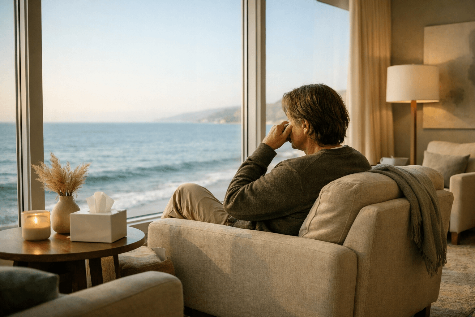 Person reflecting in a therapy center overlooking the ocean.