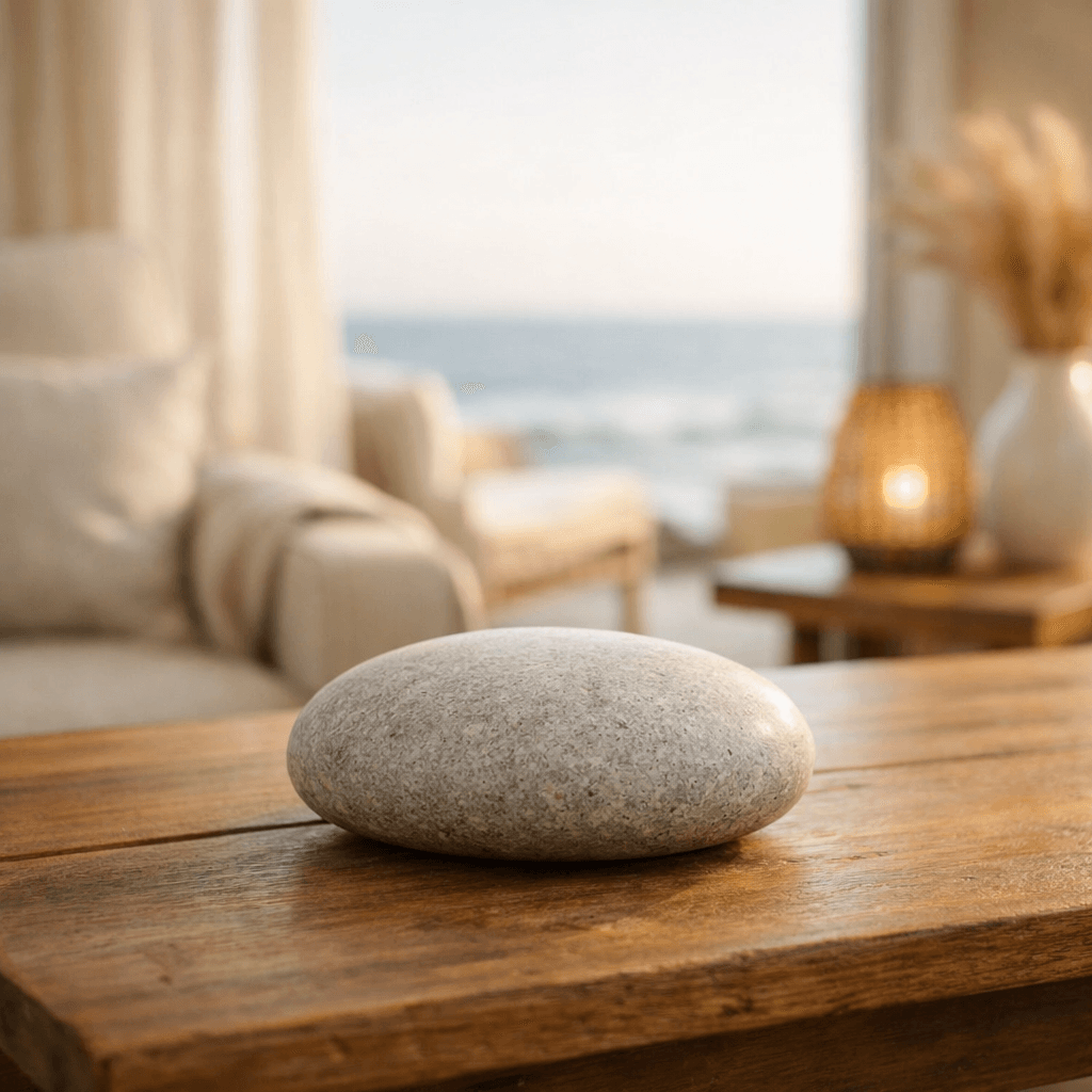 Close-up of a decorative object in a serene therapy room.