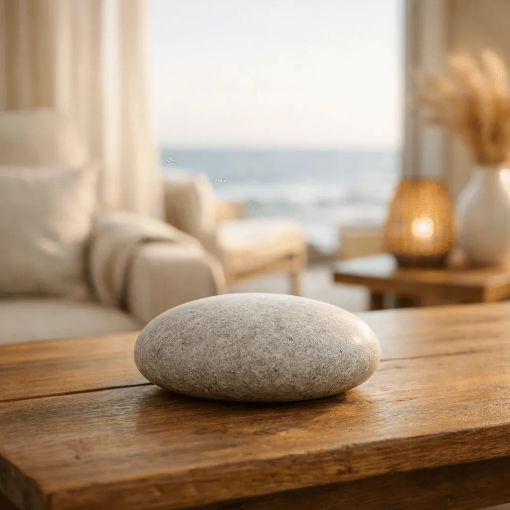 Close-up of a decorative object in a serene therapy room.