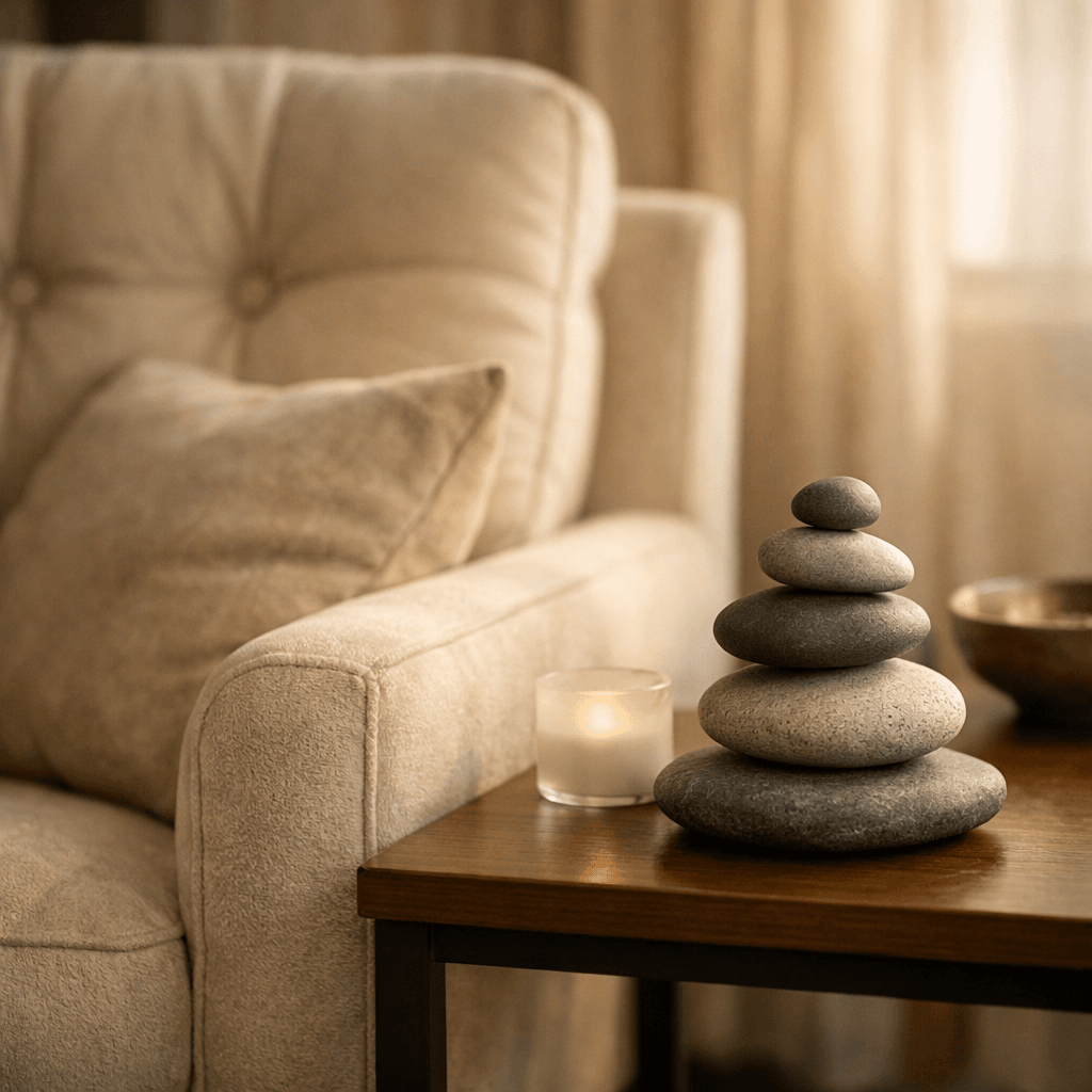 Closeup of a plush chair and sculpture symbolizing balance in therapy.
