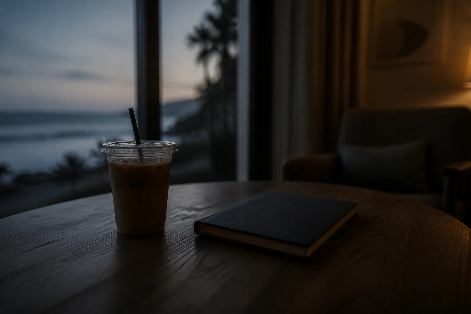 Cold coffee and closed notebook on a dimly lit wooden table.