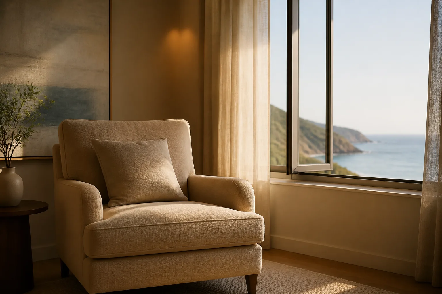 An empty armchair by a softly lit window in a serene room.