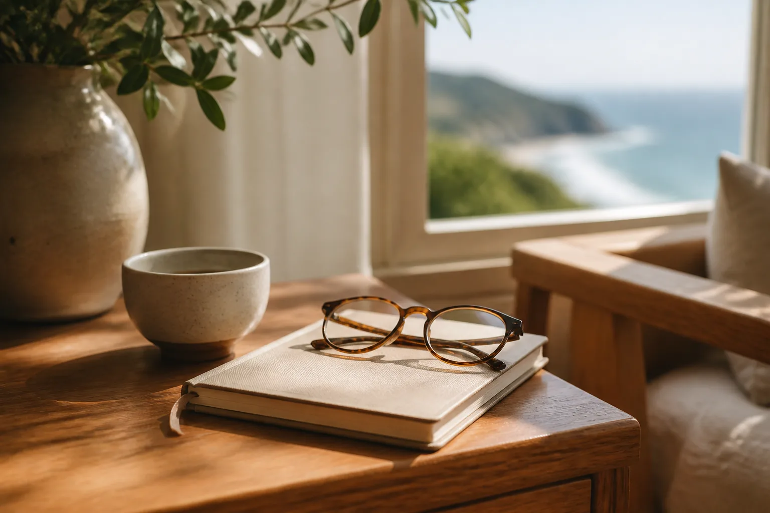 Journal, tea, and glasses on a side table by a window with soft light.