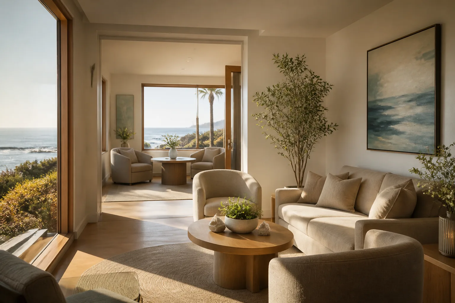 Serene interior of a mental health treatment center with soft lighting and cozy seating.