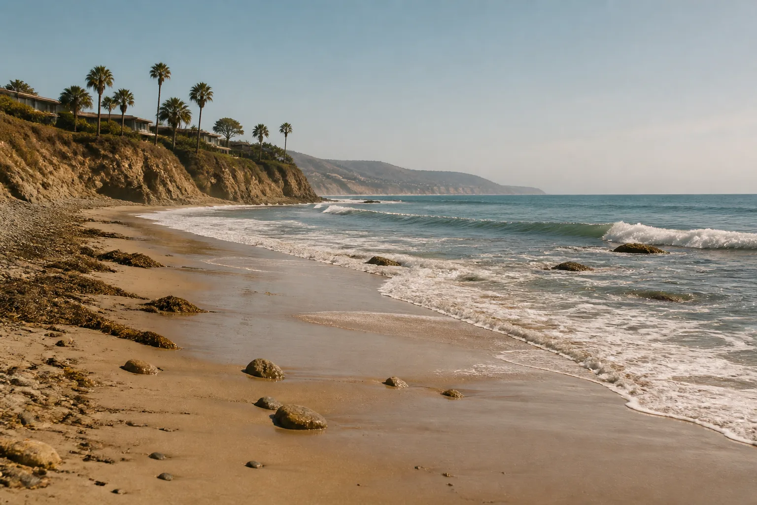 Midday coastal landscape with waves, sandy shore, and distant cliffs.
